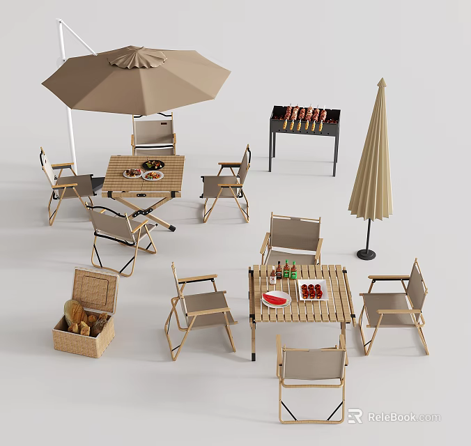 Outdoor Table With Chairs Umbrella Grill And Storage Basket For Patio Setting 3d model 