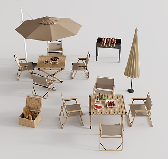 Outdoor Table and Chair Combination Parasol Barbecue Table Leisure Table and Chair 3d model