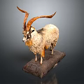Goat Sculpture Carving With Long Curved Horns And Textured Fur On Stone Base