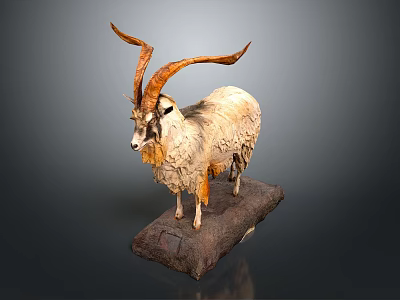 Goat Sculpture Carving With Long Curved Horns And Textured Fur On Stone Base 3d model