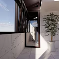 Villa Balcony Design Featuring Wooden Pergola Roof Outdoor Dining Table Chairs And Green Plants