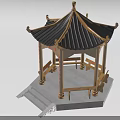 Traditional Chinese Landscape Pavilion With Black Tiled Roof Wooden Structure And Stone Steps