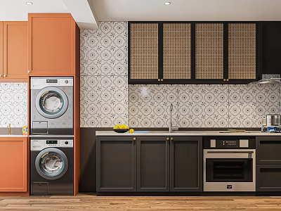 Modern Kitchen Interior With Orange And Black Cabinets Patterned Tile Wall And Washing Machines 3d model