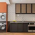 Modern Kitchen Interior With Orange And Black Cabinets Patterned Tile Wall And Washing Machines