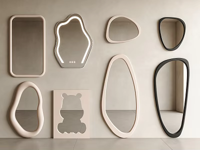 Modern Decorative Mirrors With Various Shapes And Beige Black Frames On Wall 3d model