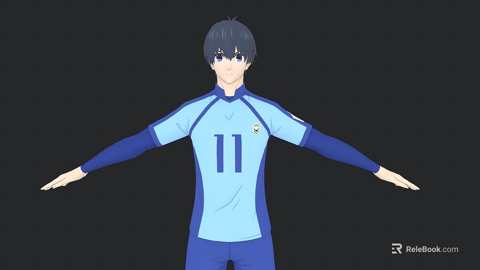 Man Wearing Blue And White Jersey With Number 11 And Arms Outstretched Against Dark Background 3d model 