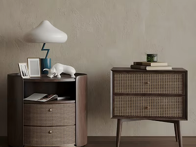 Modern Bedside Tables With Round Square Rattan Panels Drawers Table Lamp Books And Potted Plant 3d model