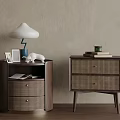 Modern Bedside Tables With Round Square Rattan Panels Drawers Table Lamp Books And Potted Plant