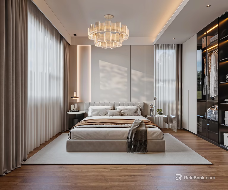 Modern Bedroom Interior With Soft Headboard Crystal Chandelier Window Curtains And Wooden Floor 3d model 