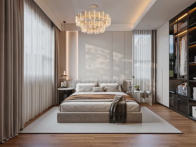 Modern Bedroom Interior With Soft Headboard Crystal Chandelier Window Curtains And Wooden Floor 3d model