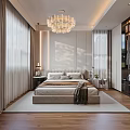 Modern Bedroom Interior With Soft Headboard Crystal Chandelier Window Curtains And Wooden Floor