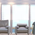 Modern Gray Double Sofa With Armchair Ottoman And Window Blinds Sea View