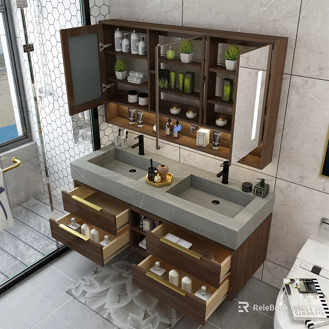 Modern Bathroom Double Sink Vanity With Wooden Cabinet Open Drawers And Green Plants 3d model 
