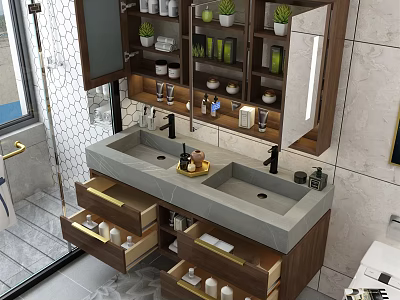 Modern Bathroom Double Sink Vanity With Wooden Cabinet Open Drawers And Green Plants 3d model
