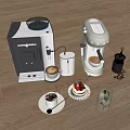 Smart Coffee Machines on Wooden Floor Featuring Coffee Cups Cake Bean Jar and Water Glass