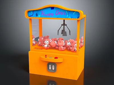 Orange Claw Machine Amusement Equipment with Blue Top Happy Catch Sign and Pink Bear Dolls 3d model