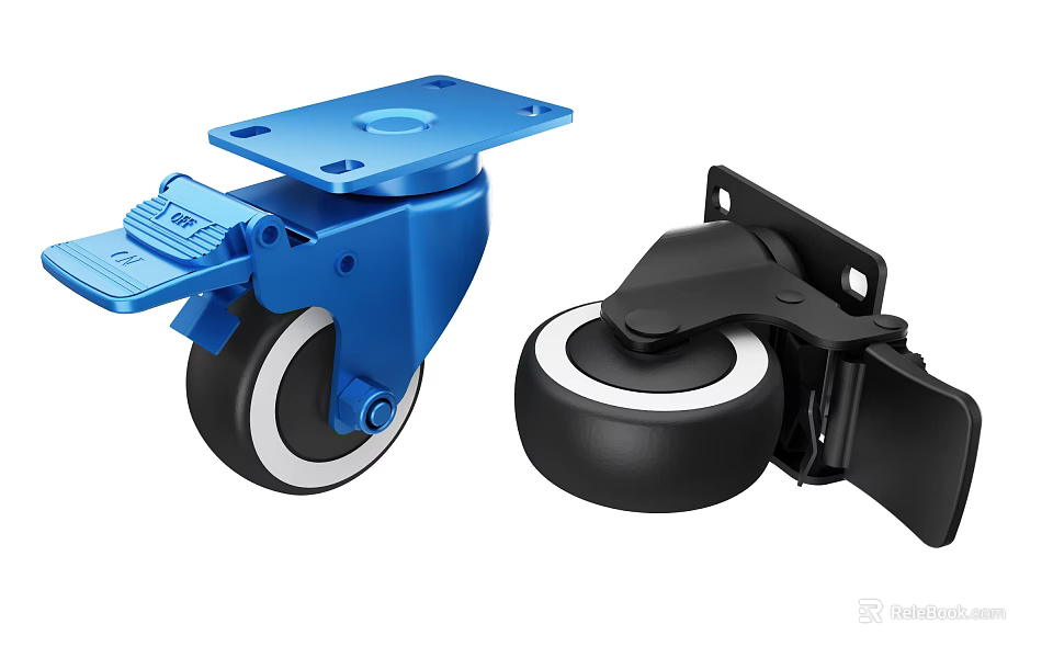 Blue And Black Caster Wheels With Brakes Featuring White Rim Rubber Tires 3d model 