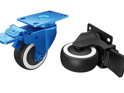Blue And Black Caster Wheels With Brakes Featuring White Rim Rubber Tires 3d model