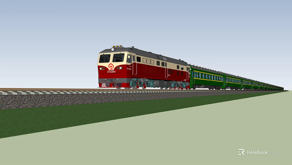 Red and Green Passenger Train with Locomotive and Carriages on Railway Track 3d model 