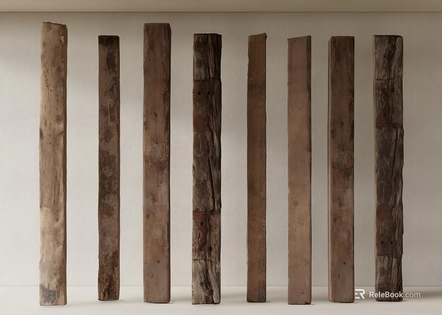 Natural Wooden Columns With Textured Surfaces Arranged On Light Neutral Backdrop 3d model 