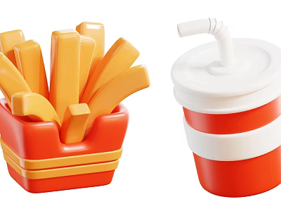 Crispy French Fries in Red and Yellow Container with Cold Drink Cup and Straw 3d model