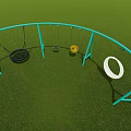 Outdoor Playground Equipment with Green Metal Frame and Various Swings on Grass Field Under Blue Sky
