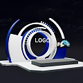 Blue And White Circular Display Shelf With Central LOGO Small Screen And Dark Starry Background 3d model