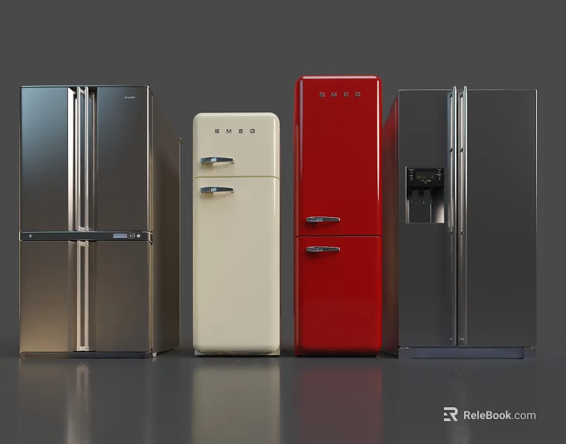 Retro And Modern Style Refrigerators In Red White And Stainless Steel Finishes 3d model 