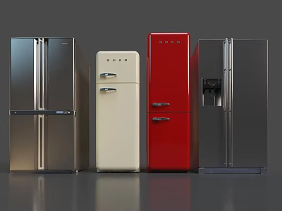 Retro And Modern Style Refrigerators In Red White And Stainless Steel Finishes 3d model