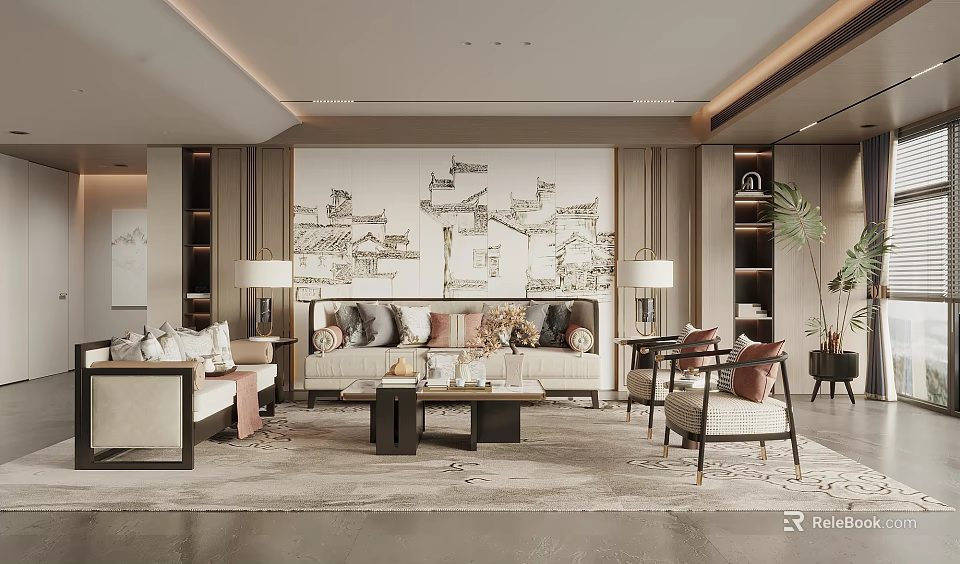 Elegant Modern Living Room Interior Design With Sofa Coffee Table Bookshelves And Wall Art 3d model 