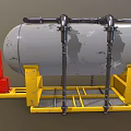 Gray Industrial Storage Tank With Black Pipes On Yellow Frame And Red Control Cabinet