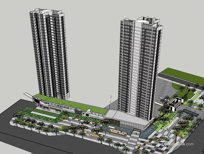 Modern Commercial Street With Tall Buildings Greenery Plaza And Road Facilities 3d model 