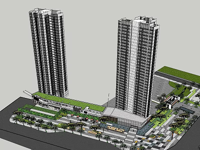 Modern Commercial Street With Tall Buildings Greenery Plaza And Road Facilities 3d model