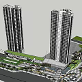 Modern Commercial Street With Tall Buildings Greenery Plaza And Road Facilities