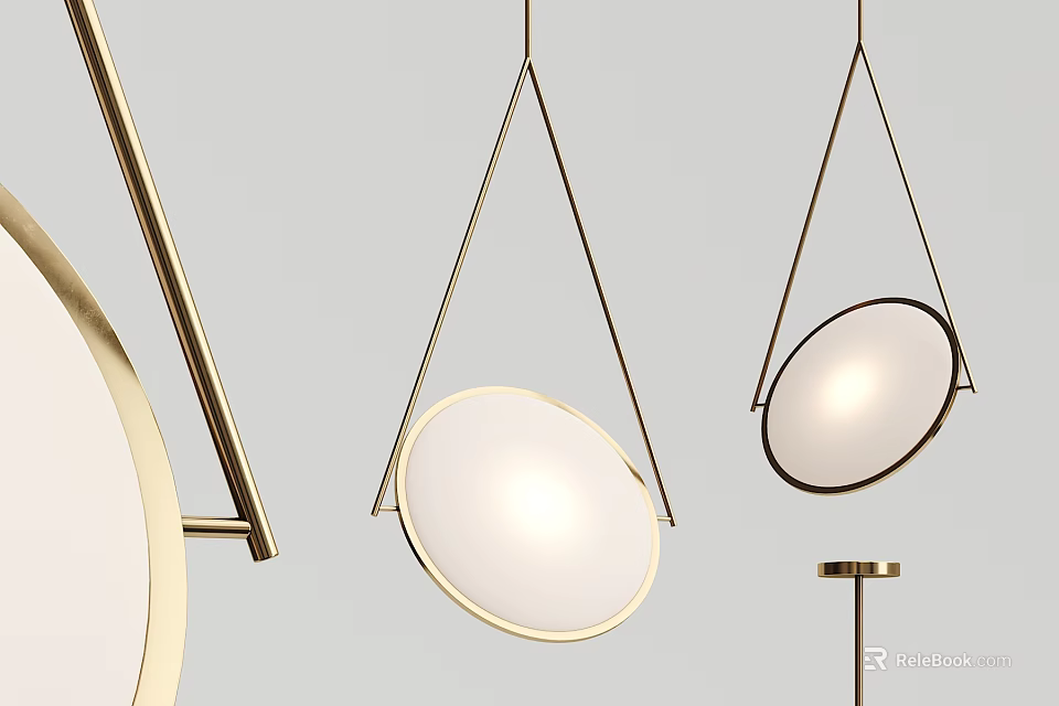 Modern Hanging Pendant Light With Golden Metal Frame And Round White Shade 3d model 