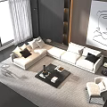 Modern L shaped Sofa and Coffee Table Set With Striped Rug Mountain View Abstract Wall Art