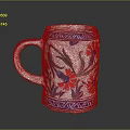 White Ceramic Mug With Blue Border And Red Floral Green Leaf Design