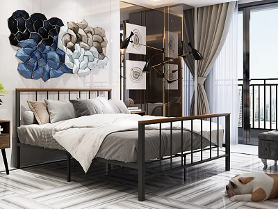Double Bed with Metal Frame Decorative Wall Art Nightstand and Curtains in Modern Bedroom 3d model