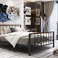 Double Bed with Metal Frame Decorative Wall Art Nightstand and Curtains in Modern Bedroom