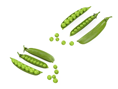Fresh Green Pea Pods With Scattered Peas On White Background 3d model