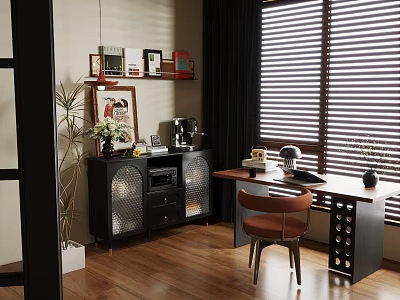 Modern Home Office Interior Design With Wooden Floor Black Blinds And Desk Chair 3d model