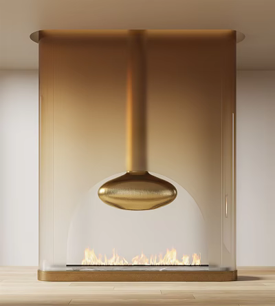 Modern Fireplace With Gold Pendant Light And Burning Flames In Interior Design 3d model
