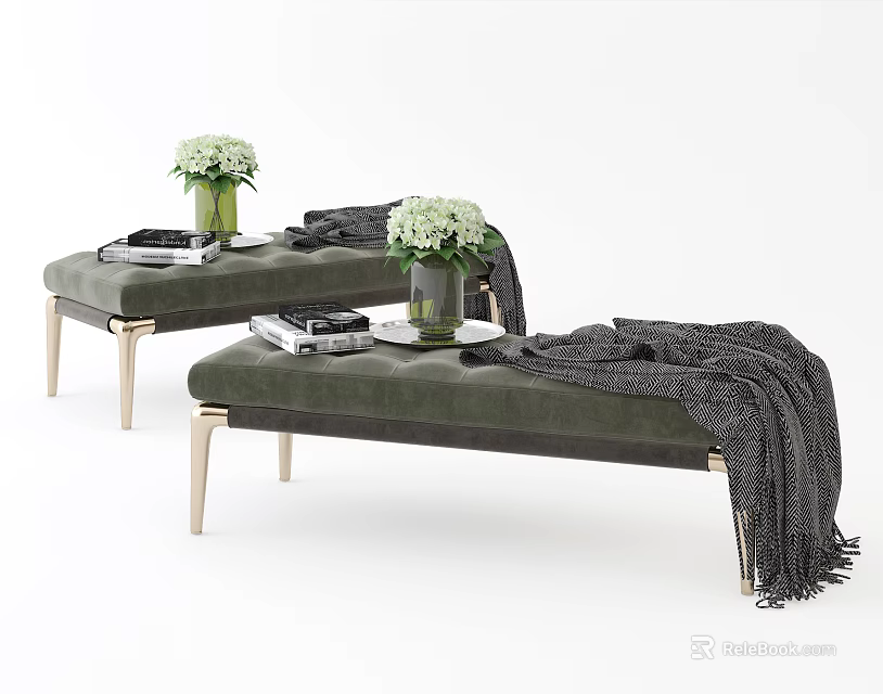 Modern Gray Ottoman With Wooden Legs Green Vase Books And Cozy Blanket 3d model 