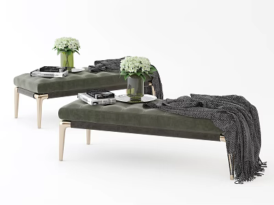 Modern Gray Ottoman With Wooden Legs Green Vase Books And Cozy Blanket 3d model
