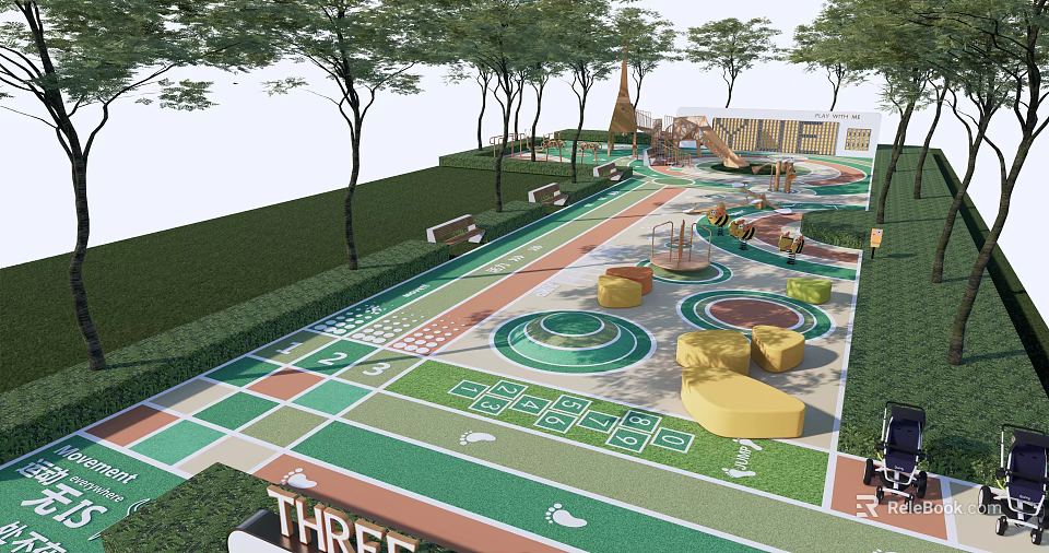 Children's Play Area With Colorful Circular Patterns Trees And Play Structures 3d model 
