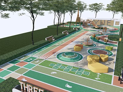 Children's Play Area With Colorful Circular Patterns Trees And Play Structures 3d model