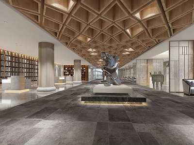 Modern Exhibition Hall Interior With Wooden Geometric Ceiling Central Sculpture And Bookshelves 3d model