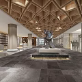 Modern Exhibition Hall Interior With Wooden Geometric Ceiling Central Sculpture And Bookshelves