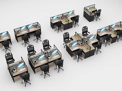 Modern Office Work Desks Arrangement With Multiple Workstations Chairs And Computers 3d model
