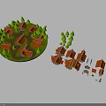 3D Model of Small Houses with Red Roofs and Green Trees Circular and Scattered Layout